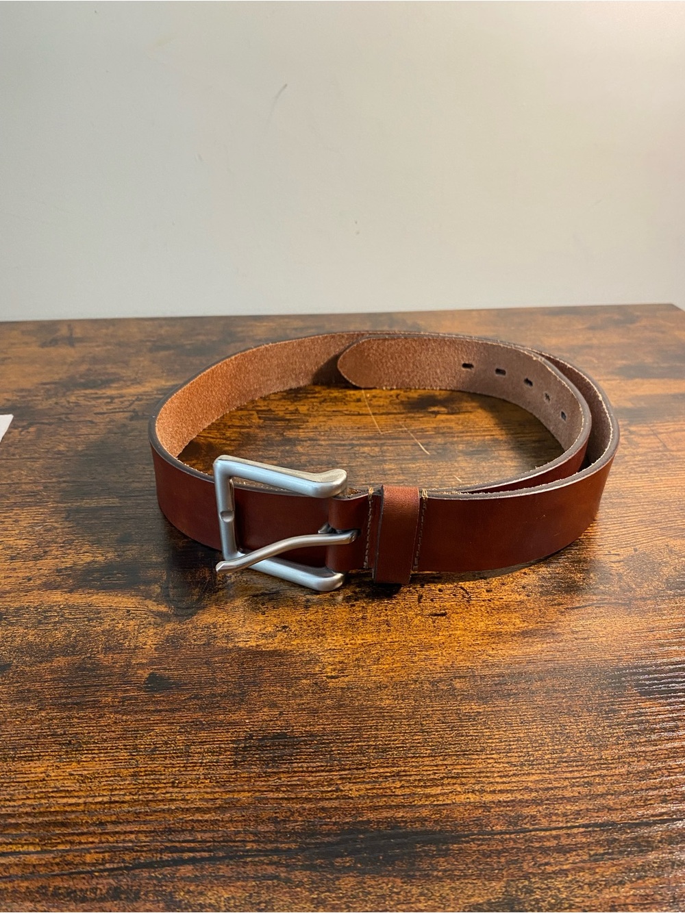 Men's Brown Leather Belt with Brushed Silver Buckle